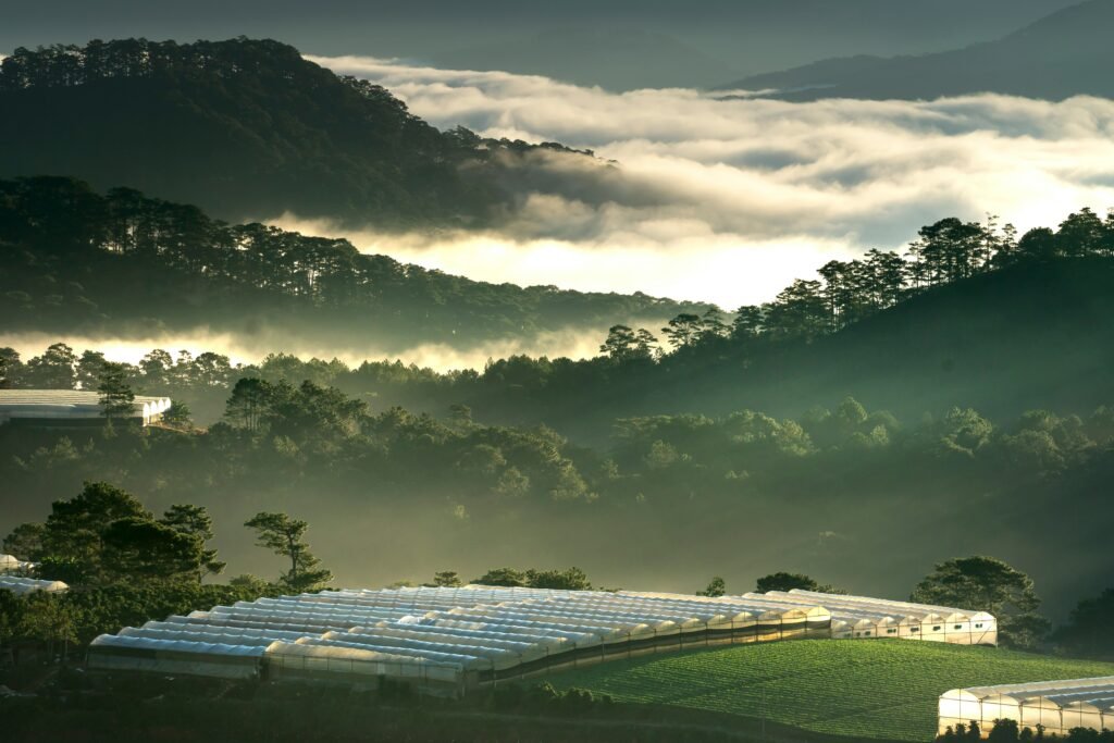 Fazenda sustentável com painéis solares em paisagem montanhosa verde, representando modelo de negócios sustentável no agronegócio