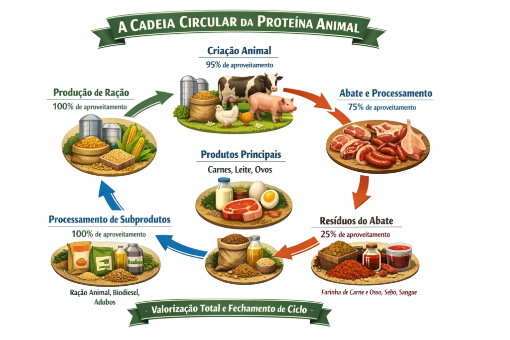 Diagrama visual mostrando o fluxo desde produção de ração até processamento de subprodutos, destacando pontos de valorização e fechamento de ciclos. Incluir percentuais de aproveitamento em cada etapa e exemplos de produtos derivados de cada corrente residual.